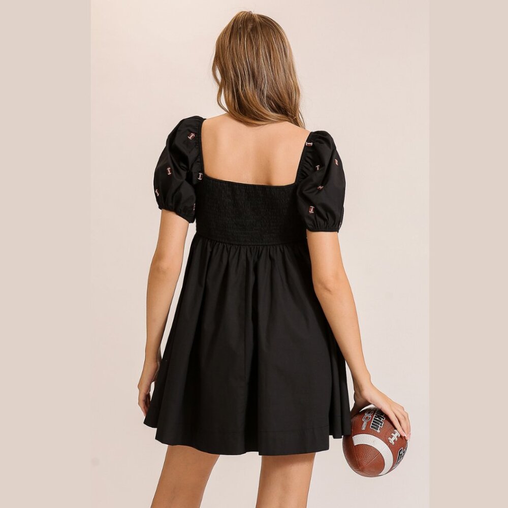 TIMING Football Mini Dress Black Puff Sleeve Sweetheart Neck Game Day Y2K - Picture 6 of 8